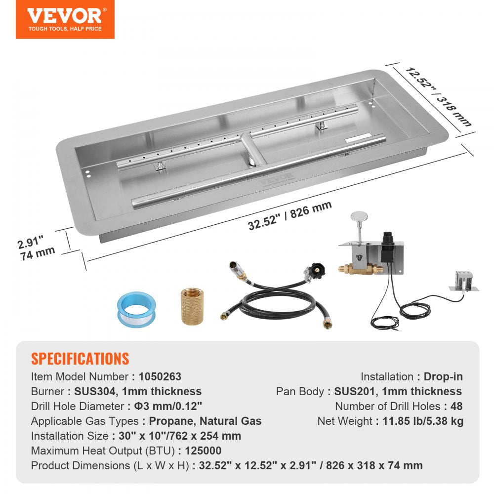 30 x 10 inch Drop-in Fire Pit Pan, Rectangular Stainless Steel Fire Pit Burner Kit, Natural & Propane Gas Fire Pan 125,000 BTU with H-Burner for Indoor or Outdoor Use