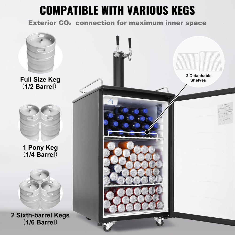 Beer Kegerator, Dual Tap Draft Beer Dispenser, Full Size Keg Refrigerator With Shelves, CO2 Cylinder, Drip Tray & Rail, 32°F- 50°F Temperature Control, Holds 1/6, 1/4, 1/2 Barrels, Black