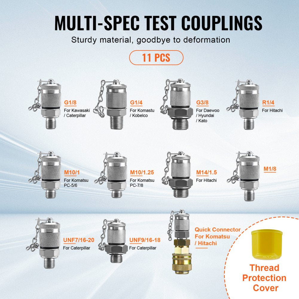 Bostome Hydraulic Pressure Test Kit with three stainless steel gauges and 11 test couplings.