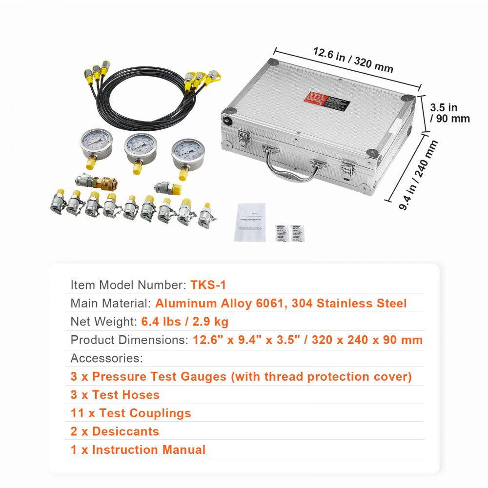 Bostome Hydraulic Pressure Test Kit with three stainless steel gauges and 11 test couplings.