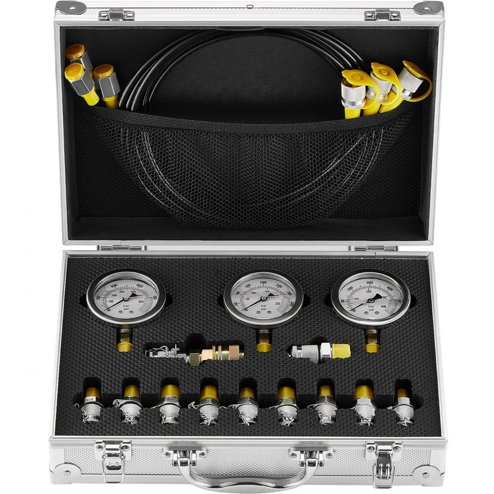 Bostome Hydraulic Pressure Test Kit with three stainless steel gauges and 11 test couplings.