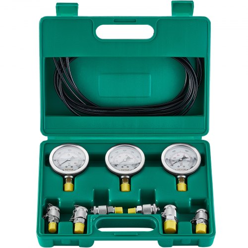 Bostome Hydraulic Pressure Test Kit with three gauges, six couplings, and durable hoses.
