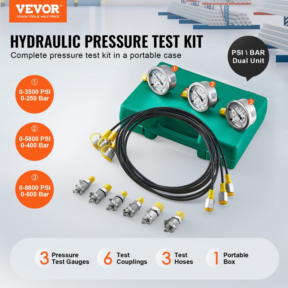Bostome Hydraulic Pressure Test Kit with three gauges, six couplings, and durable hoses.