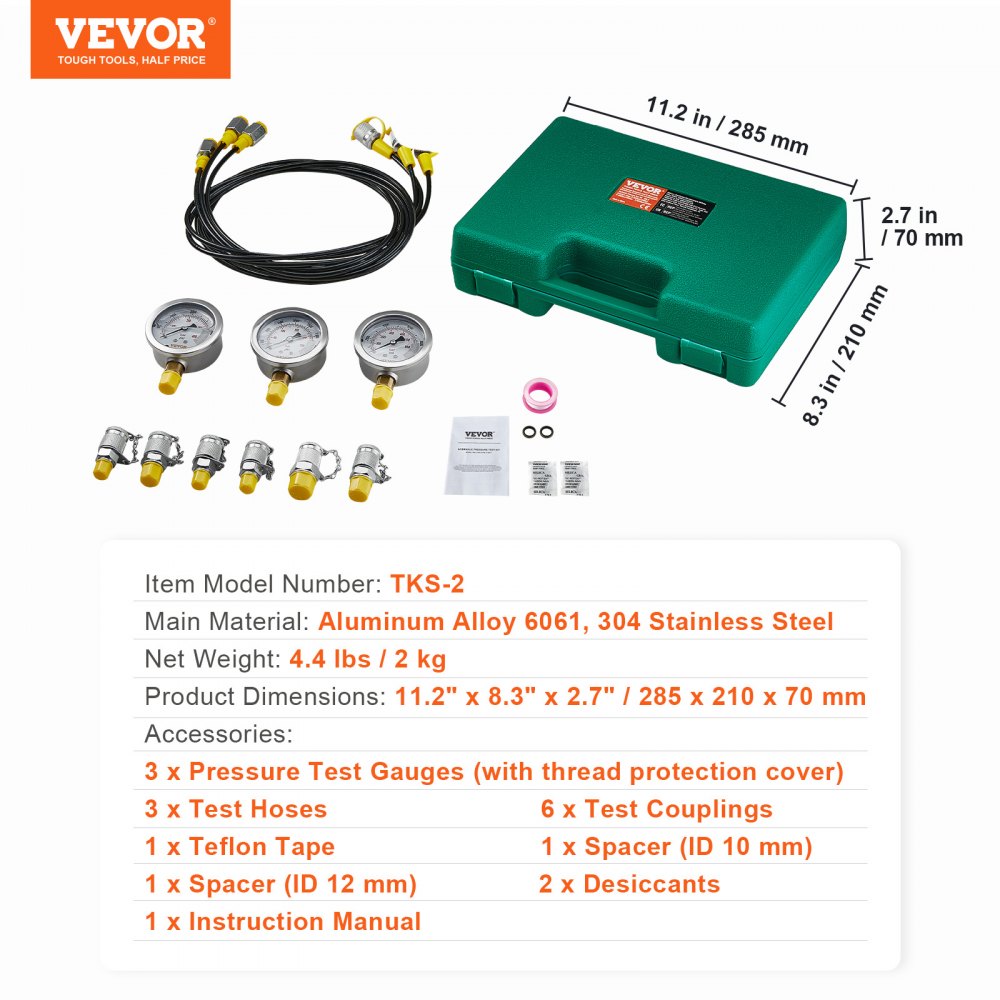 Bostome Hydraulic Pressure Test Kit with three gauges and six couplings in a compact case.
