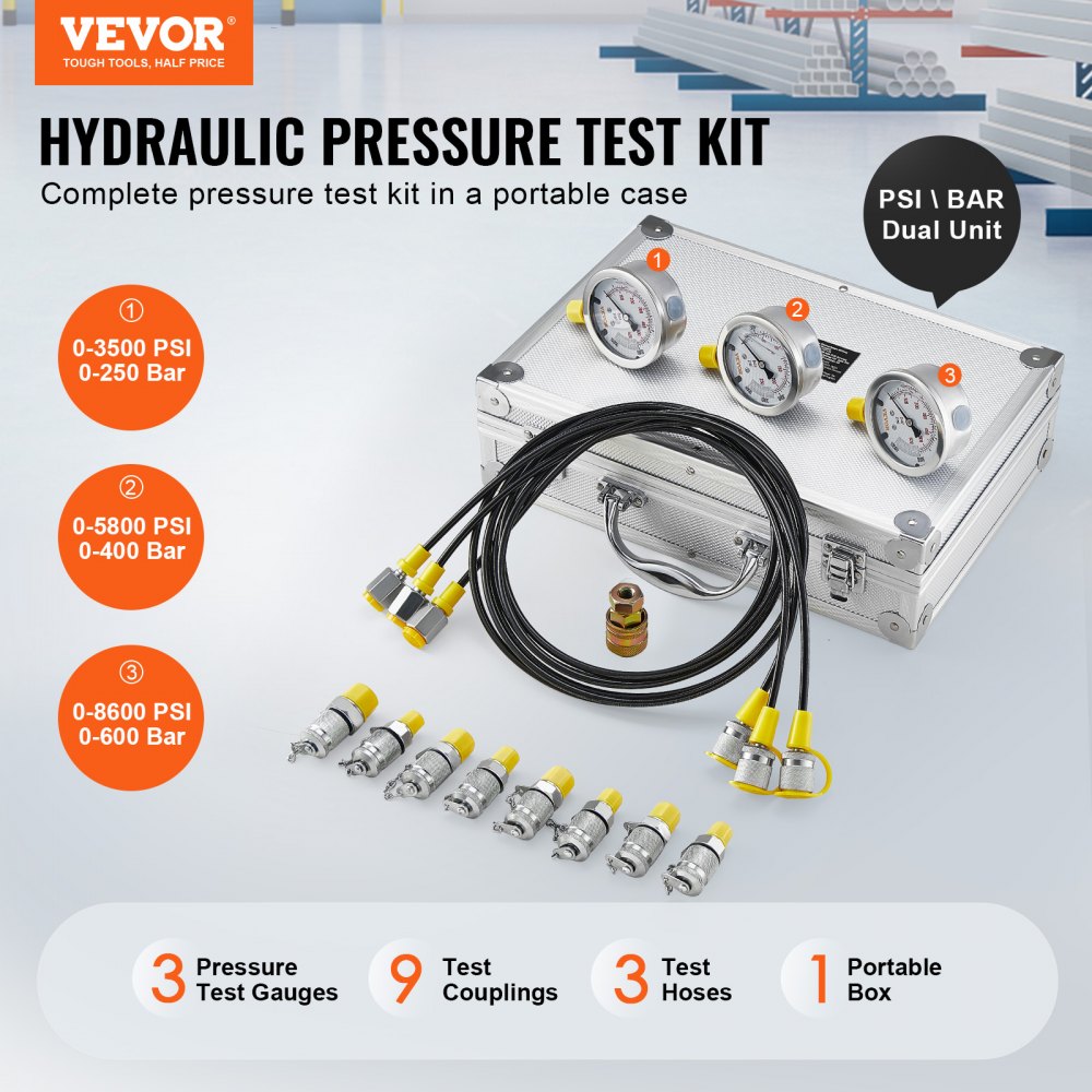 Bostome Hydraulic Pressure Test Kit with three gauges, nine couplings, and portable case.
