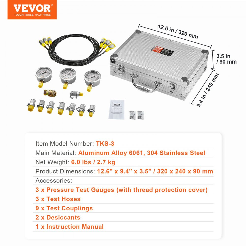 Bostome Hydraulic Pressure Test Kit with three gauges, nine couplings, and a portable case.
