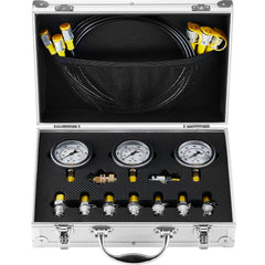 Bostome Hydraulic Pressure Test Kit with three gauges, nine couplings, and portable case.