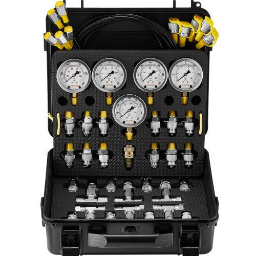 Black ABS case containing Bostome hydraulic pressure test kit with five gauges for 10/100/250/400/600 Bar, hoses, and fittings.
