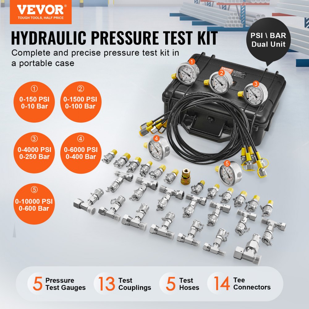 Bostome Hydraulic Pressure Test Kit with 5 dual-scale gauges for 10/100/250/400/600 Bar, hoses, couplings, and case.