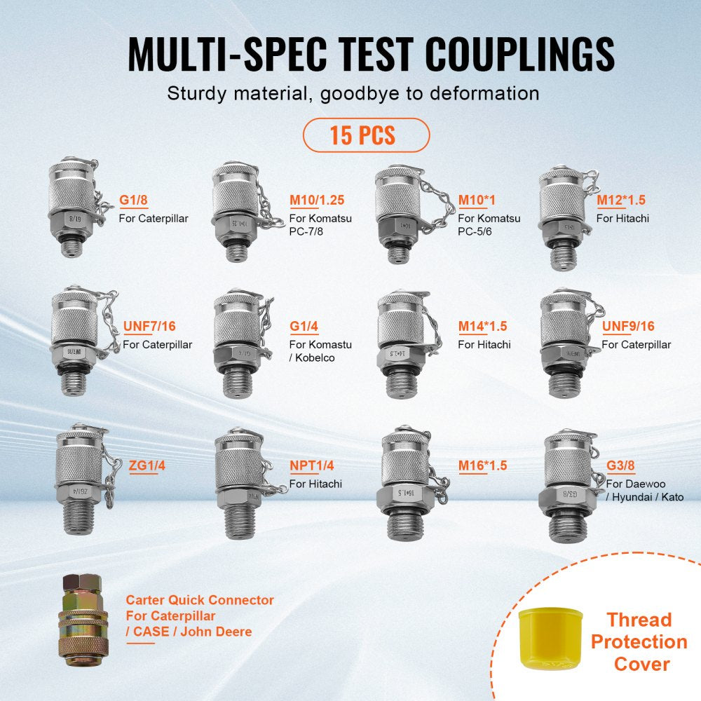 Bostome hydraulic pressure test kit with 5 gauges for 10/100/250/400/600 Bar and multiple couplings.