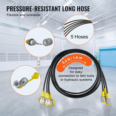 Bostome hydraulic pressure test kit with five 10/100/250/400/600 Bar gauges, 5.2 ft flexible hoses, and connectors.
