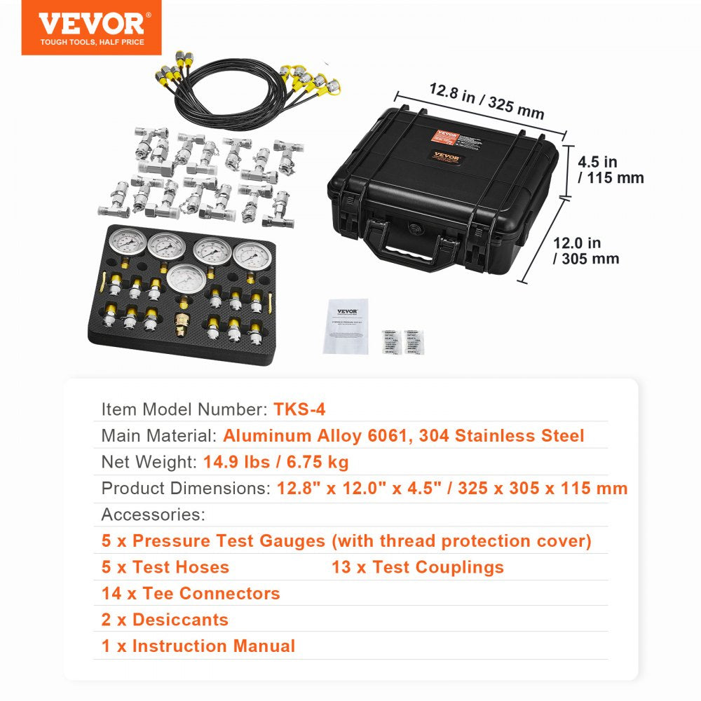 Bostome hydraulic pressure test kit with five gauges, hoses, connectors, and case.