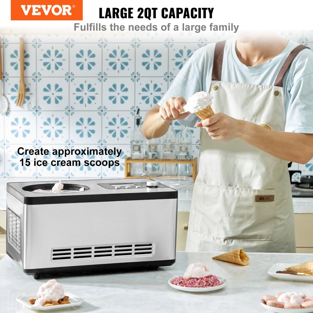 Automatic Ice Cream Maker with Built-in Compressor, 2 Quart No Pre-freezing Fruit Yogurt Machine, Stainless Steel Electric Sorbet Maker, 3 Modes Gelato Maker with LCD Display & Timer, Silver
