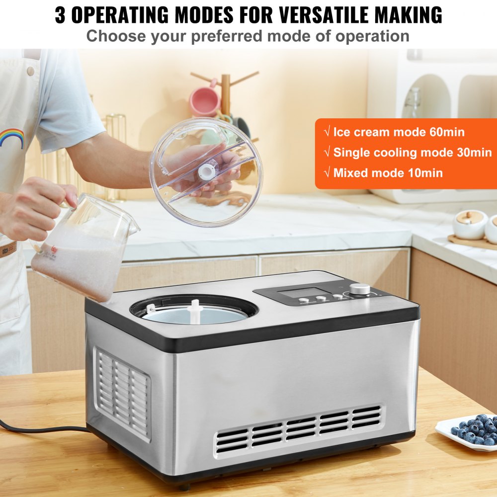 Automatic Ice Cream Maker with Built-in Compressor, 2 Quart No Pre-freezing Fruit Yogurt Machine, Stainless Steel Electric Sorbet Maker, 3 Modes Gelato Maker with LCD Display & Timer, Silver