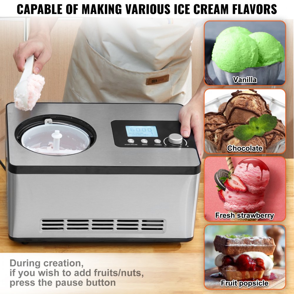 Automatic Ice Cream Maker with Built-in Compressor, 2 Quart No Pre-freezing Fruit Yogurt Machine, Stainless Steel Electric Sorbet Maker, 3 Modes Gelato Maker with LCD Display & Timer, Silver