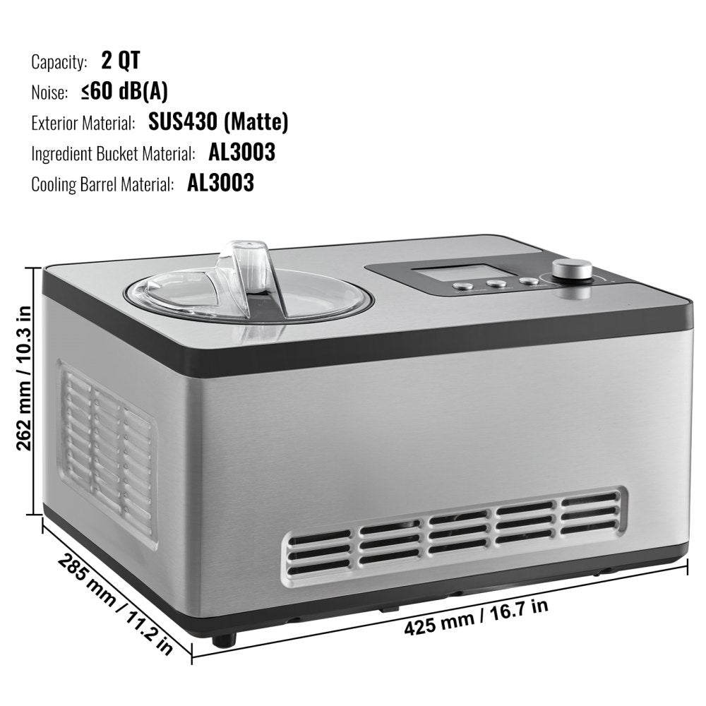 Automatic Ice Cream Maker with Built-in Compressor, 2 Quart No Pre-freezing Fruit Yogurt Machine, Stainless Steel Electric Sorbet Maker, 3 Modes Gelato Maker with LCD Display & Timer, Silver