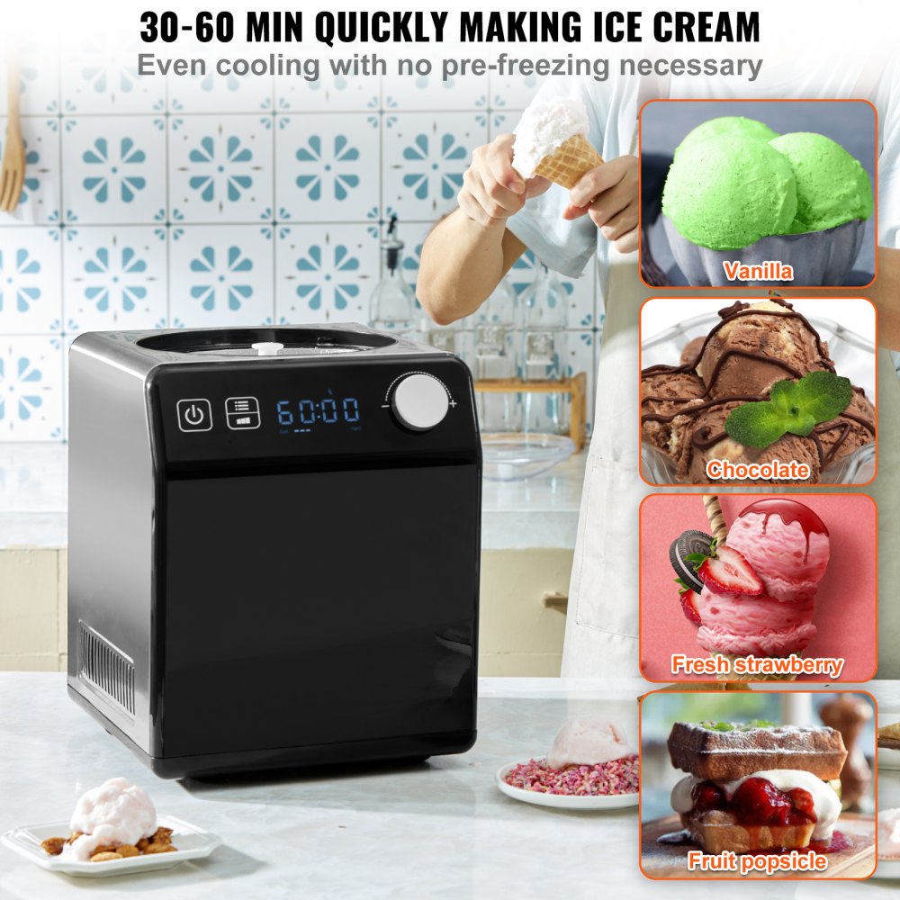 Upright Automatic Ice Cream Maker with Built-in Compressor, 2 Quart No Pre-freezing Fruit Yogurt Machine, Stainless Steel Electric Sorbet Maker, 4 Modes Gelato Maker with Digital Display & Timer