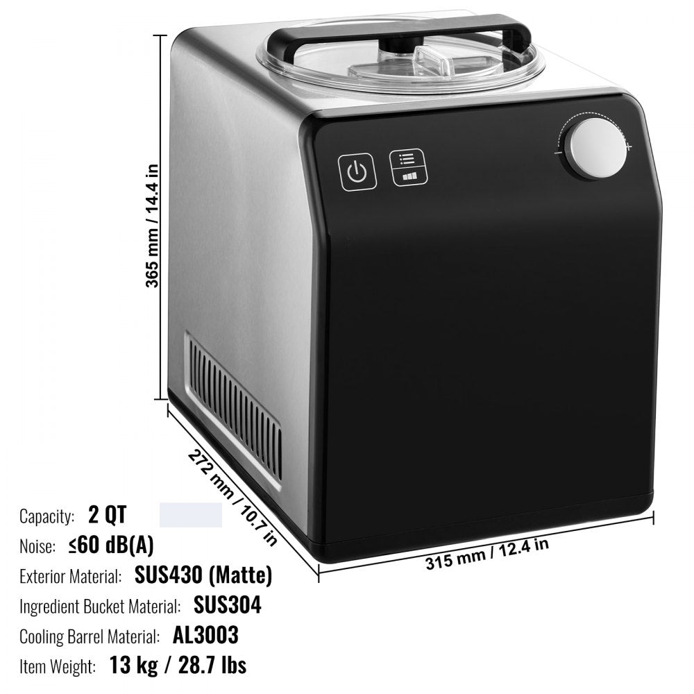 Upright Automatic Ice Cream Maker with Built-in Compressor, 2 Quart No Pre-freezing Fruit Yogurt Machine, Stainless Steel Electric Sorbet Maker, 4 Modes Gelato Maker with Digital Display & Timer