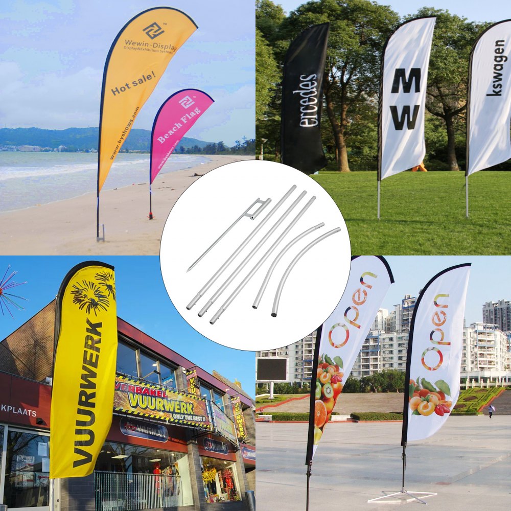 Advertising Flag Pole, 2 x Feather Flag Bundles with Ground Spike, 16 ft Windless Flag Pole Sets with Ground Mounting Stake, 6pcs Swooper Flag Pole Kit, Sign Flag for Businesses Storefronts