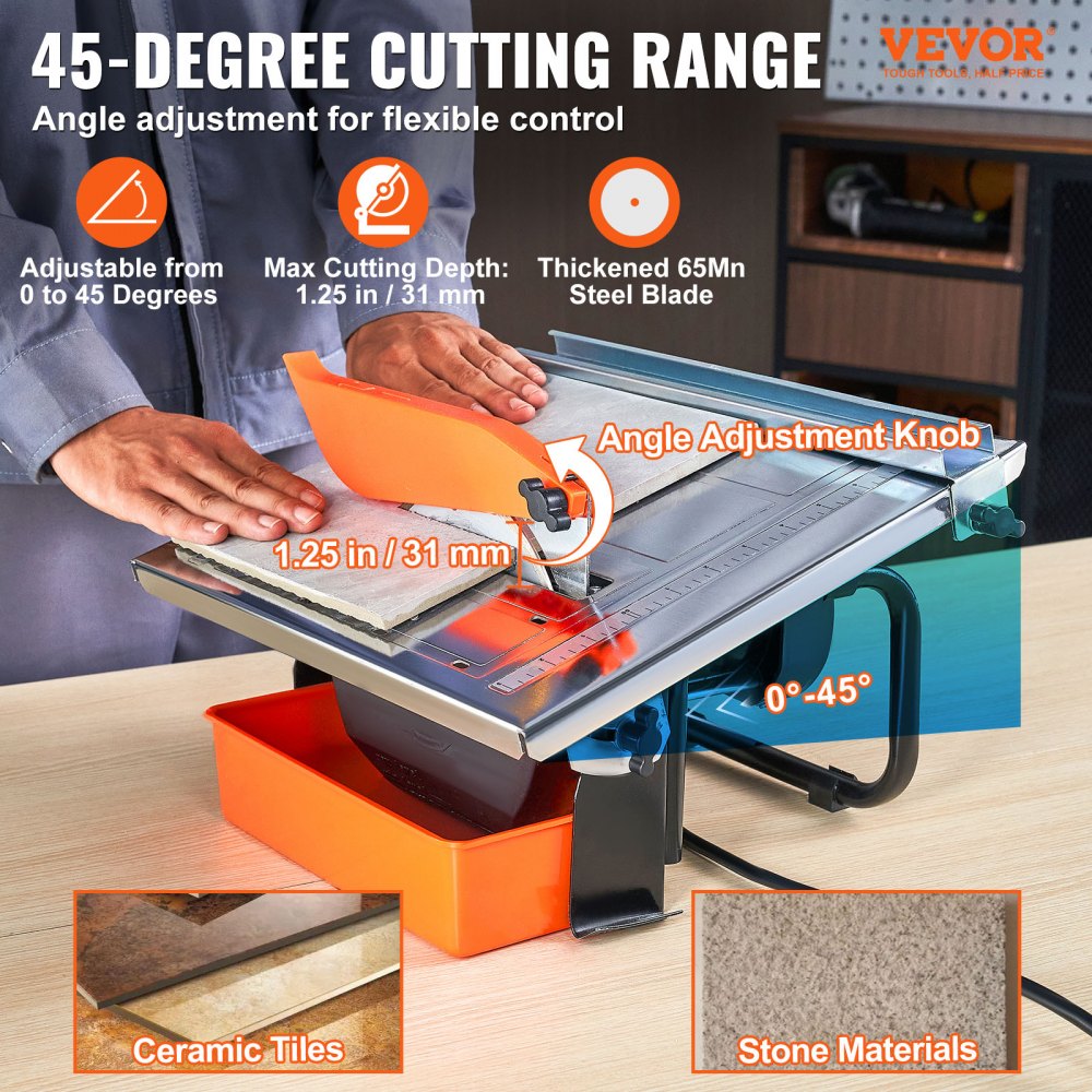 Bostome wet tile saw with 7in steel blade, 0-45° angle, and water reservoir for dust control