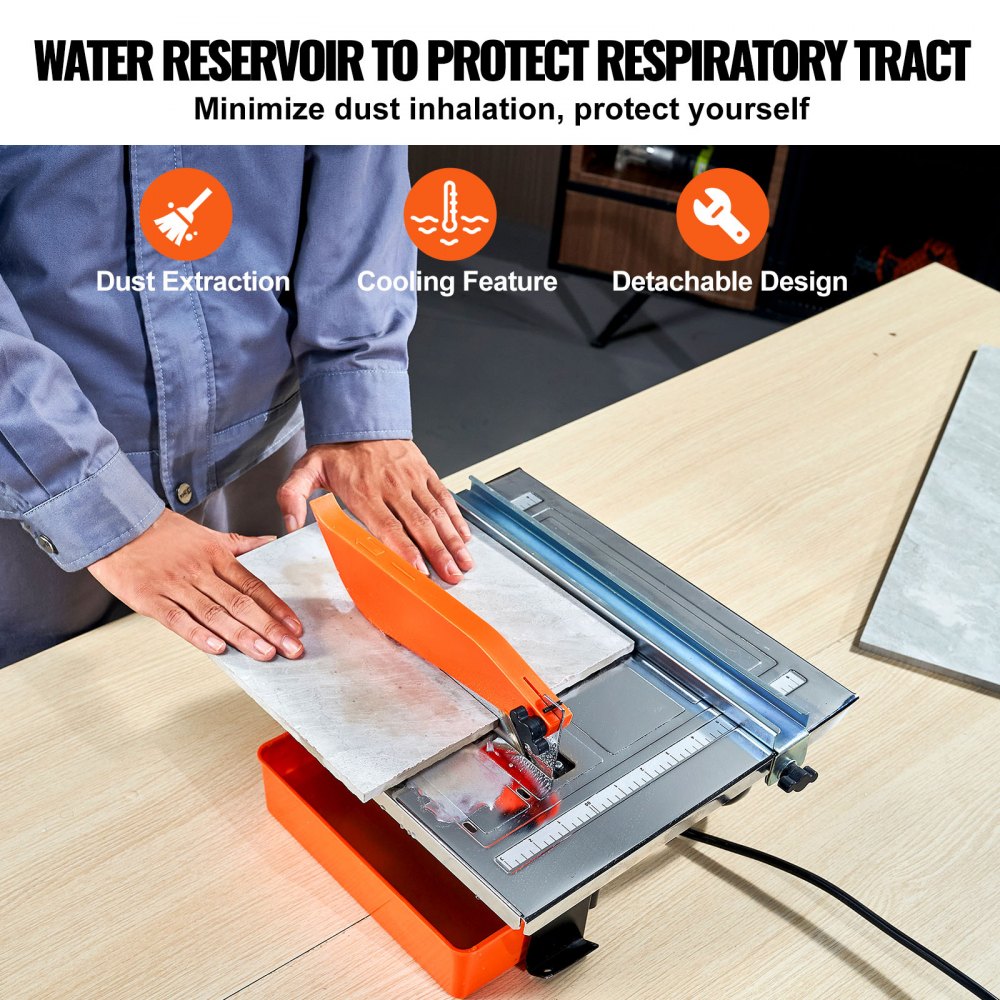 Bostome wet tile saw with 7in blade, adjustable angle, water reservoir, and rust-resistant surface.
