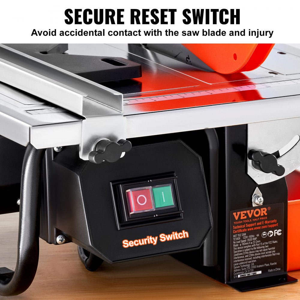 Bostome wet tile saw with 7-inch blade, red safety reset switch, and adjustable angle guide.