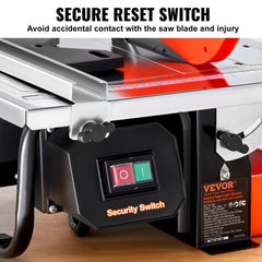 Bostome wet tile saw with 7-inch blade, red safety reset switch, and adjustable angle guide.