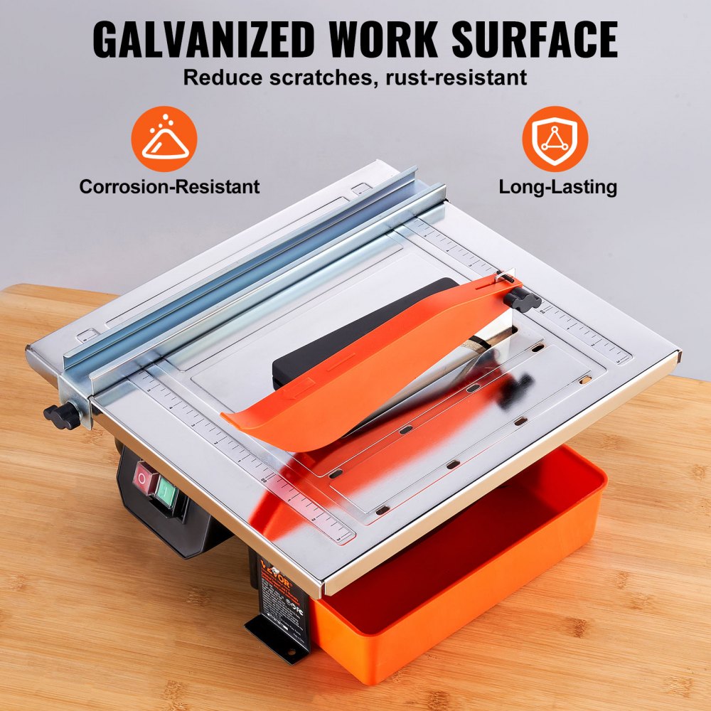 Bostome wet tile saw with 7in blade, 3500 RPM motor, adjustable 0-45° angle, and water reservoir.