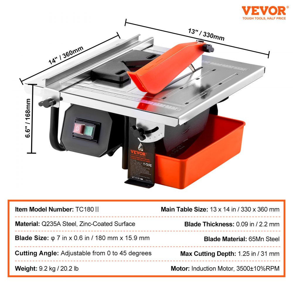 Bostome wet tile saw with 7-inch blade, 3500 RPM motor, and 0-45 degree adjustable angle.