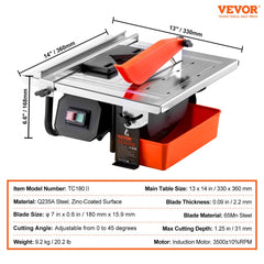 Bostome wet tile saw with 7-inch blade, 3500 RPM motor, and 0-45 degree adjustable angle.