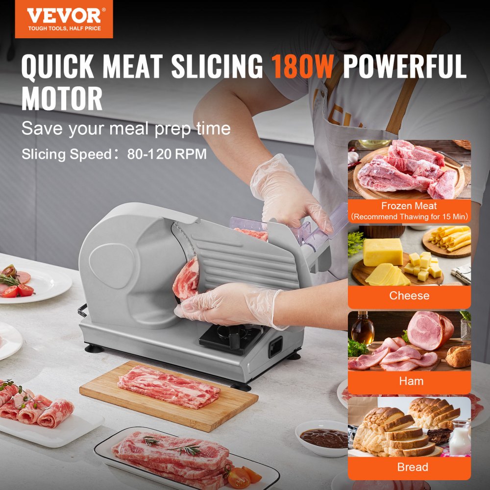 Meat Slicer, 180W Electric Deli Food Slicer with 7.5" SUS420 Stainless Steel Blade and Blade Guard, 0 - 0.6 inch Adjustable Thickness for Home Use, Easy to Clean, Cut Meat, Bread, Ham and Cheese