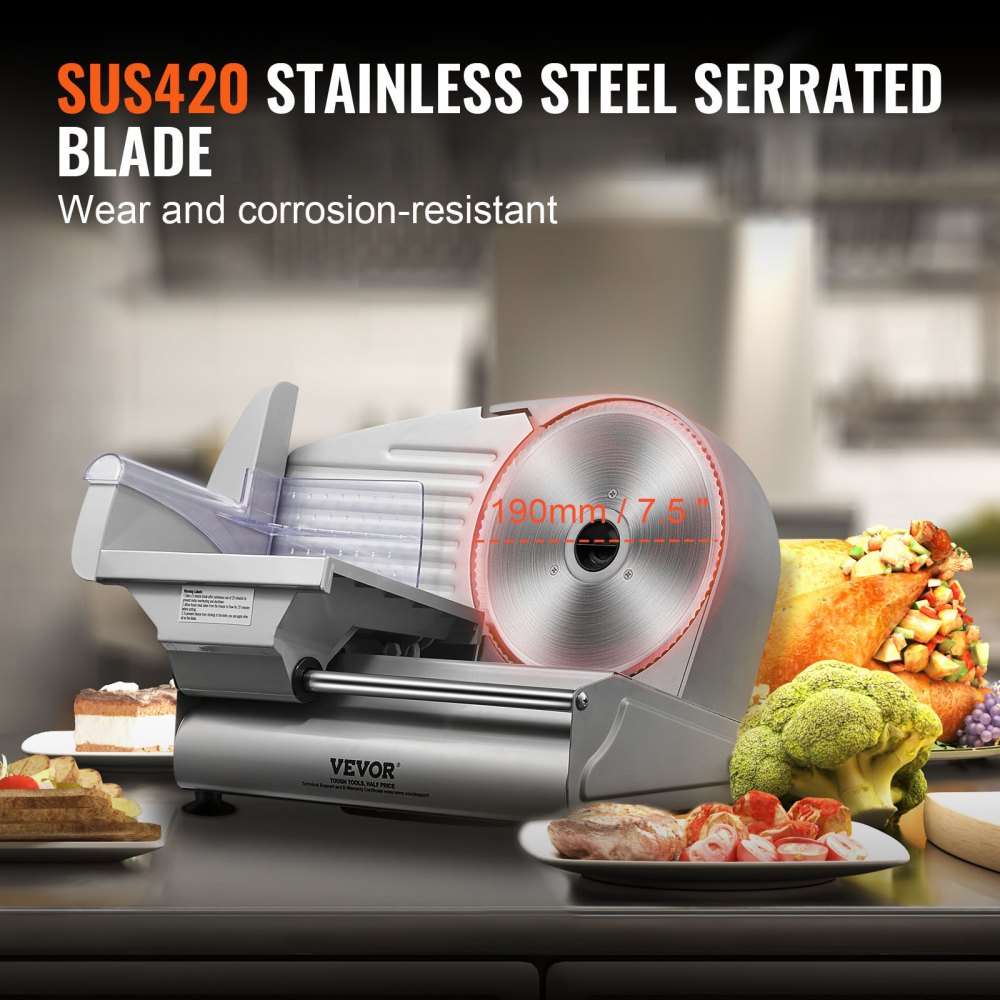 Meat Slicer, 180W Electric Deli Food Slicer with 7.5" SUS420 Stainless Steel Blade and Blade Guard, 0 - 0.6 inch Adjustable Thickness for Home Use, Easy to Clean, Cut Meat, Bread, Ham and Cheese