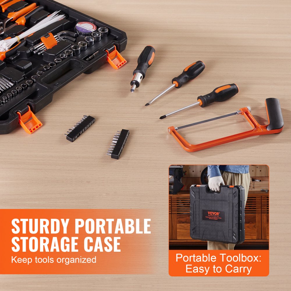 A 216-piece hand tool set with ergonomic grips and a portable case for home and auto repairs.