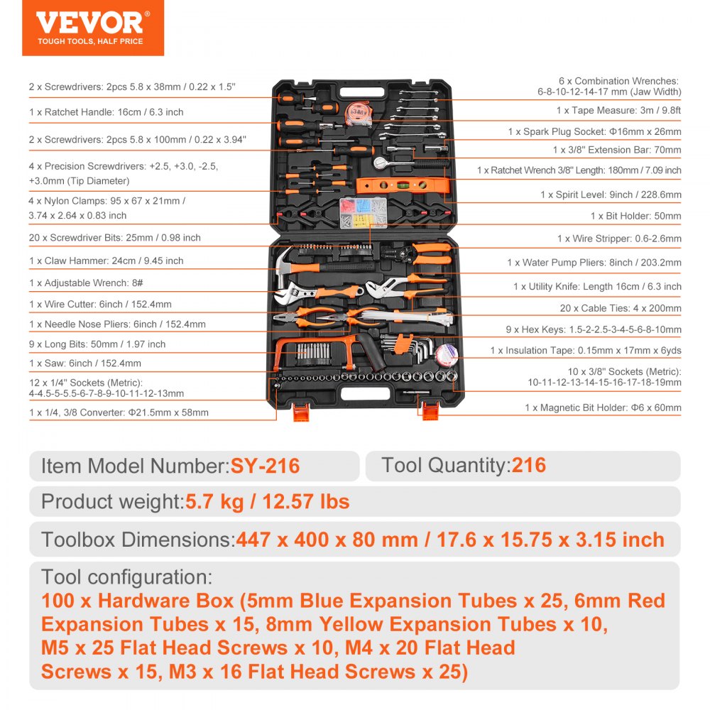 A 216-piece hand tool set with ergonomic grips and a portable case for home and auto repairs.