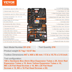 A 216-piece hand tool set with ergonomic grips and a portable case for home and auto repairs.