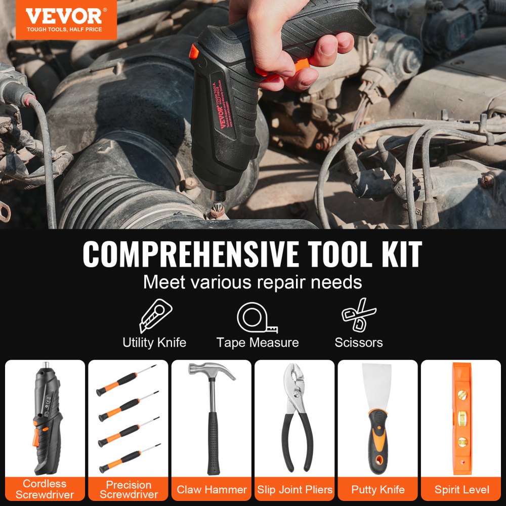 A 96-piece hand tool set with a cordless screwdriver, adjustable wrench, and portable case.