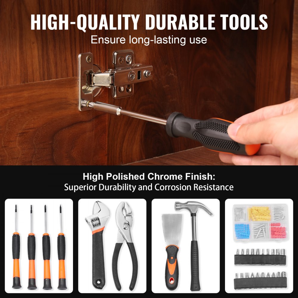 Bostome 96-piece household hand tool set with cordless screwdriver and organized portable case.