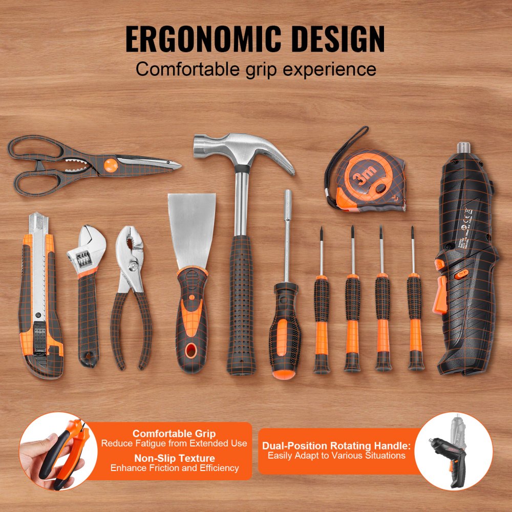 Bostome 96-piece household hand tool set with a cordless screwdriver and organized tool case.