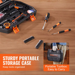 Bostome 96-piece tool set with cordless screwdriver, adjustable wrench, and organized case.