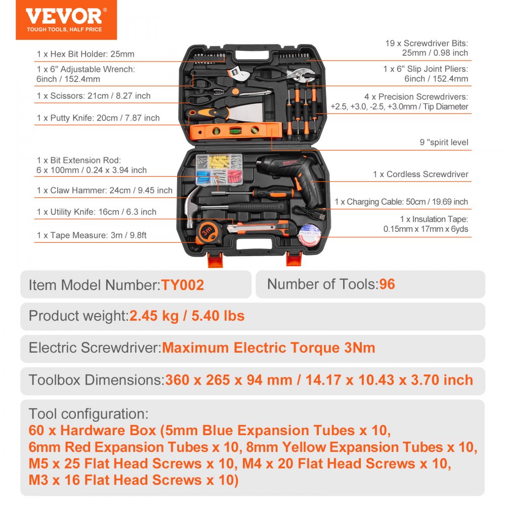 Bostome 96-piece hand tool set with cordless screwdriver, adjustable wrench, and organized case.