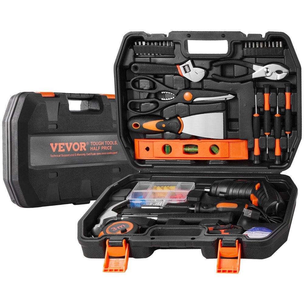 A 96-piece household hand tool set including a cordless screwdriver and various hand tools.