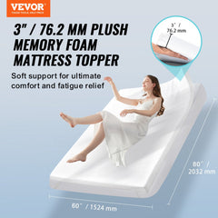Mattress Topper Soft Memory Foam Detachable & Washable Queen 3" Thickness