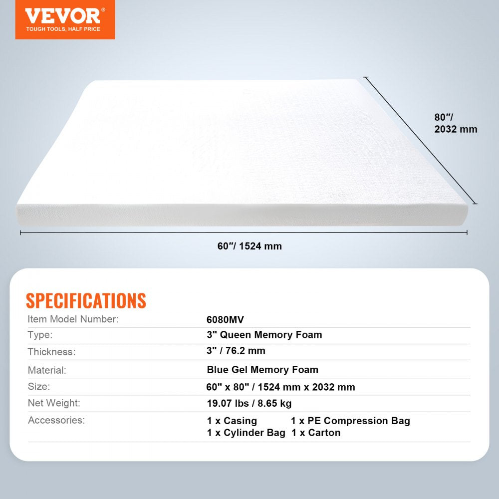 Mattress Topper Soft Memory Foam Detachable & Washable Queen 3" Thickness