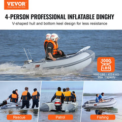 A 4-person inflatable dinghy boat with wood floor and 1000 lbs capacity.