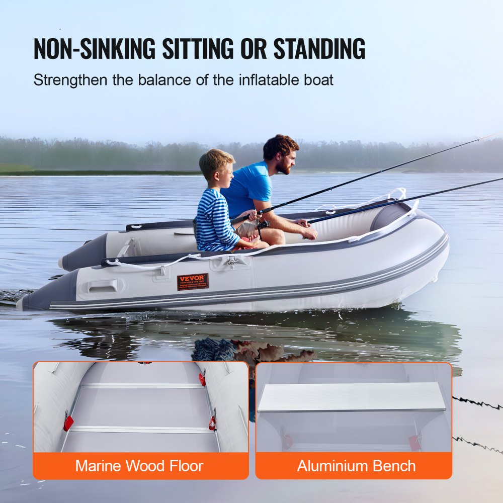 A 4-person inflatable dinghy boat with wood floor and 1000 lbs capacity.