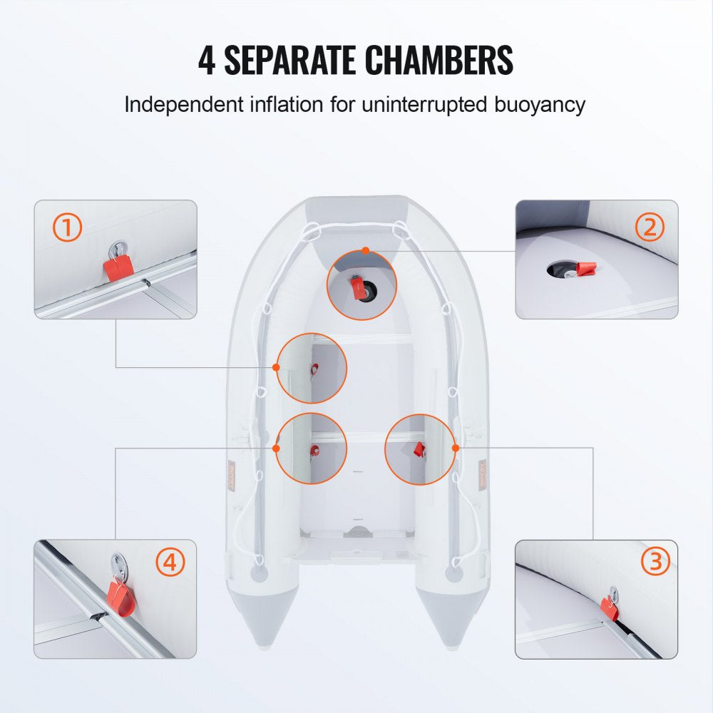 A 4-person inflatable dinghy boat with wood floor, V-shaped hull, and 1000 lbs capacity.