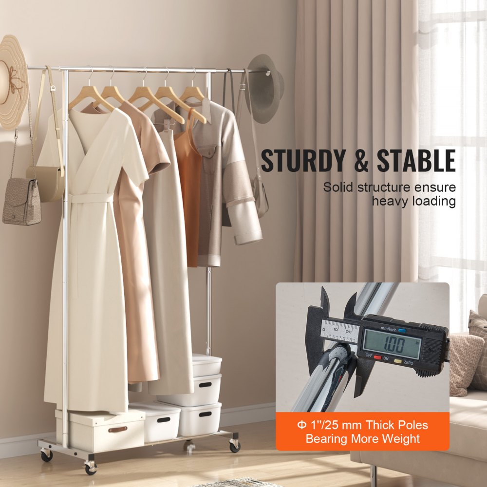 Clothes Rack with Wheels, Heavy Duty Clothing Garment Rack with Hanging Rod and Bottom Storage Area, Adjustable Length Clothing Rack, 2 Lockable Wheels