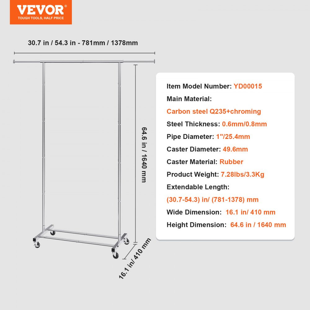 Clothes Rack with Wheels, Heavy Duty Clothing Garment Rack with Hanging Rod and Bottom Storage Area, Adjustable Length Clothing Rack, 2 Lockable Wheels