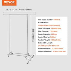 Clothes Rack with Wheels, Heavy Duty Clothing Garment Rack with Hanging Rod and Bottom Storage Area, Adjustable Length Clothing Rack, 2 Lockable Wheels