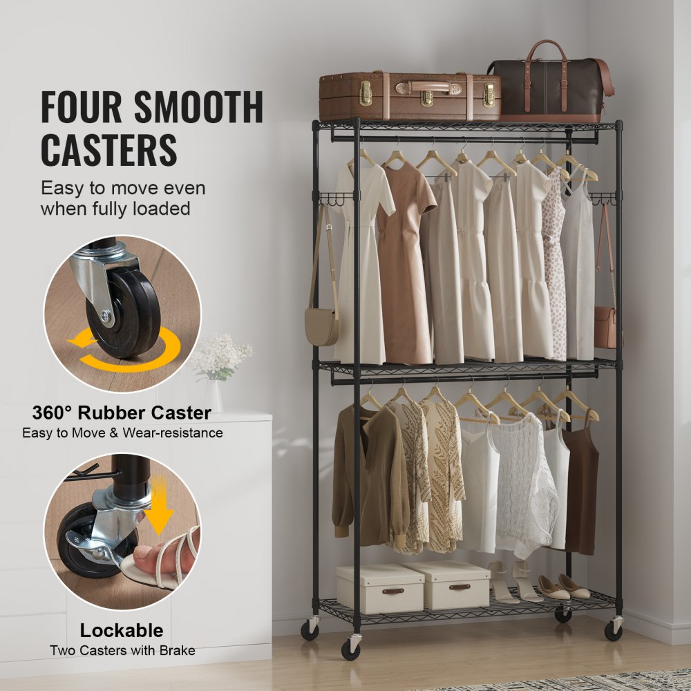 Heavy Duty Clothes Rack, Rolling Clothing Garment Rack with 3 Storage Tiers, 2 Rods and 2 Pairs Side Hooks, Adjustable Height Clothing Rack Closet for Hanging Clothes, 400 Lbs Load Capacity